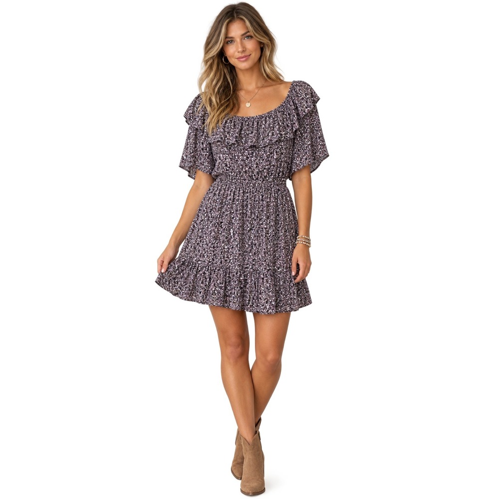 Nine Britton Dress Women L Purple Floral Ruffle Tiered‎ Mini Short Sleeve Lined